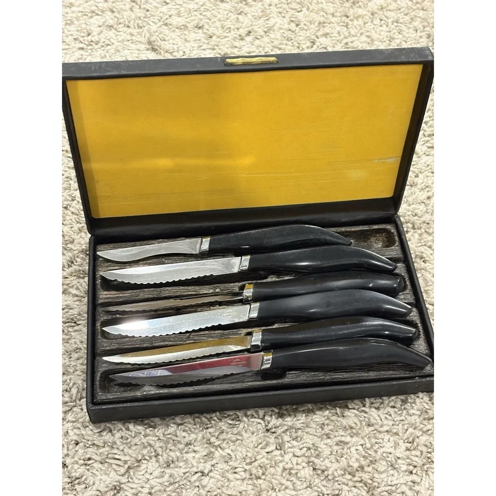 Vintage West Bend Steak Knives Set of 6 Hand Crafted USA Serrated Blades Boxed